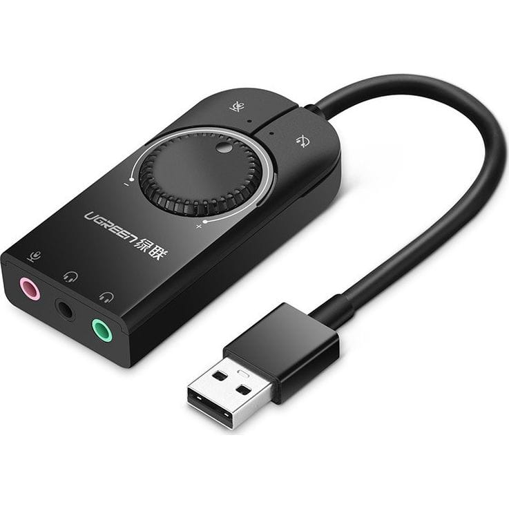 Externe Musik-Soundkarte / USB-Adapter, Ugreen CM129, Mini-Jack 3,5 mm mit Lautstärkeregler, 15 cm, Schwarz