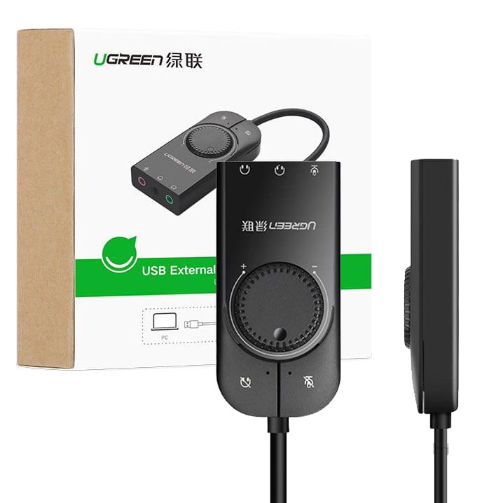 Externe Musik-Soundkarte / USB-Adapter, Ugreen CM129, Mini-Jack 3,5 mm mit Lautstärkeregler, 15 cm, Schwarz