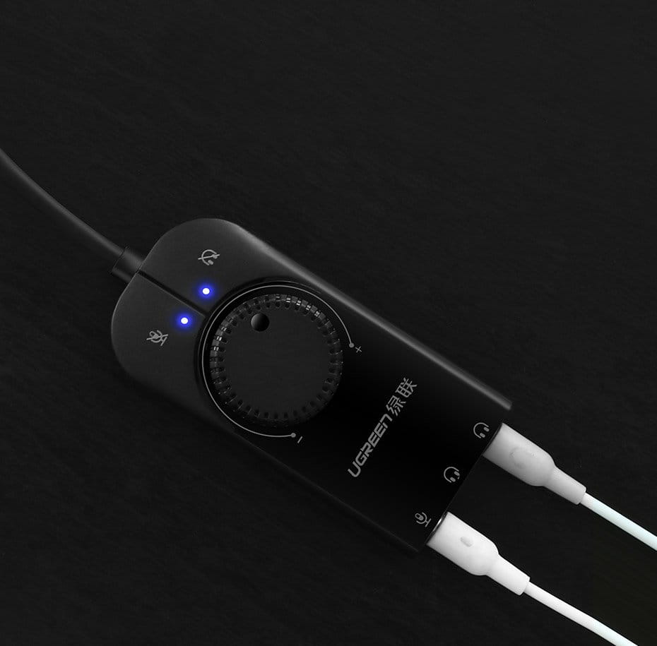 Externe Musik-Soundkarte / USB-Adapter, Ugreen CM129, Mini-Jack 3,5 mm mit Lautstärkeregler, 15 cm, Schwarz