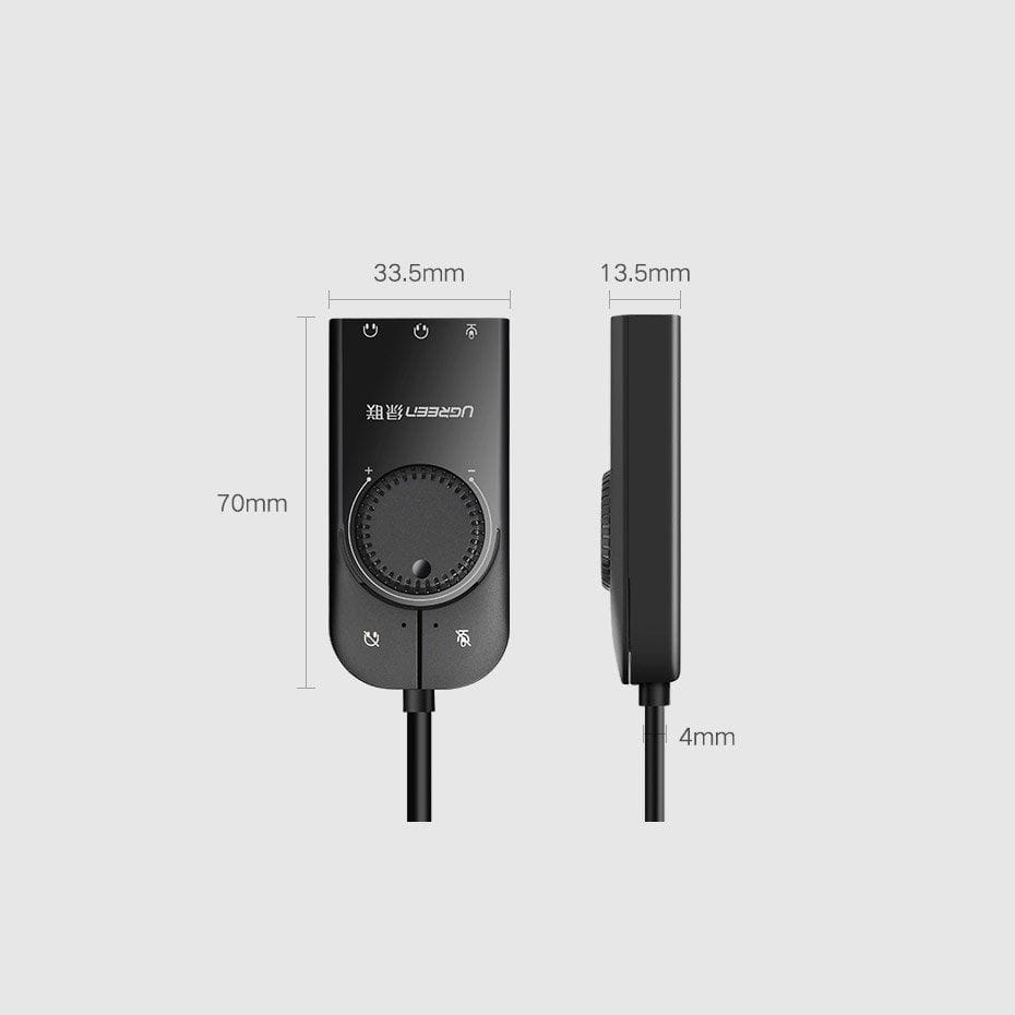 Externe Musik-Soundkarte / USB-Adapter, Ugreen CM129, Mini-Jack 3,5 mm mit Lautstärkeregler, 15 cm, Schwarz
