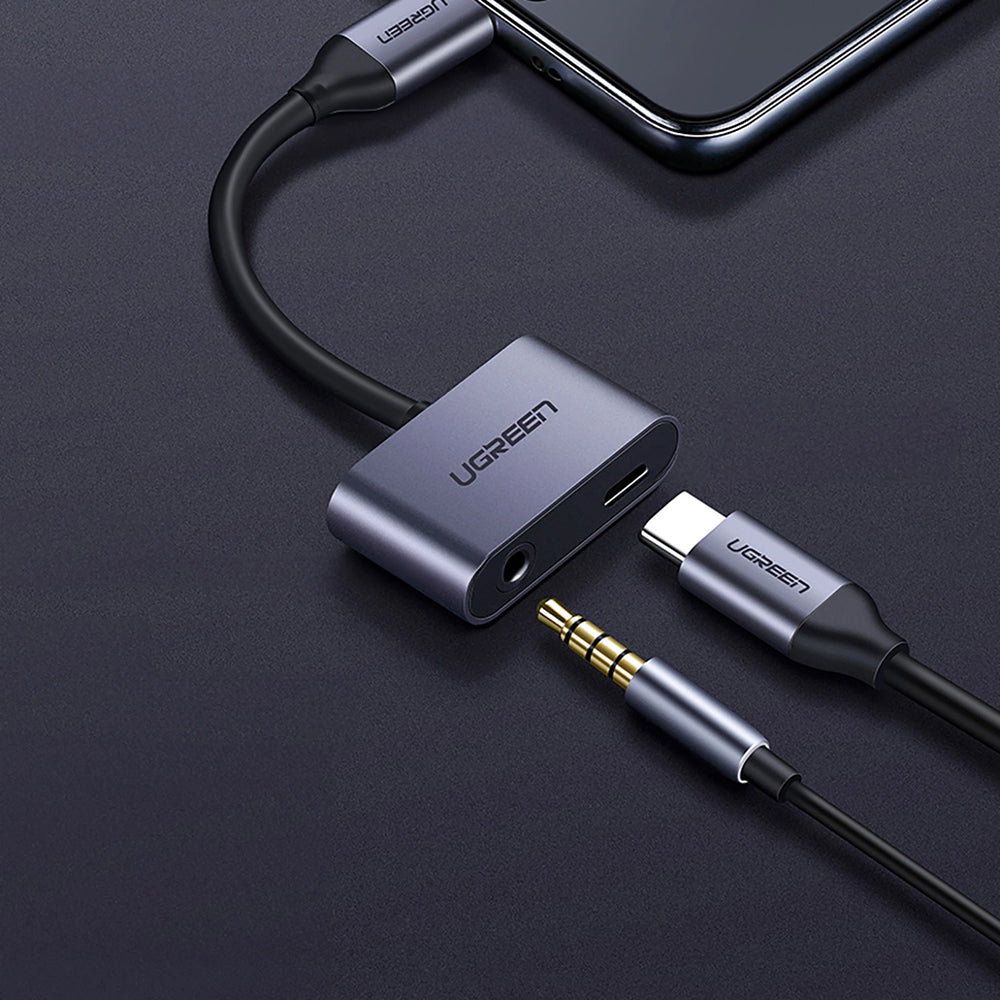 Adapter Audio USB-C (Stecker) auf 3.5 mm Klinke und USB-C (Buchse), Ugreen CM193, Grau