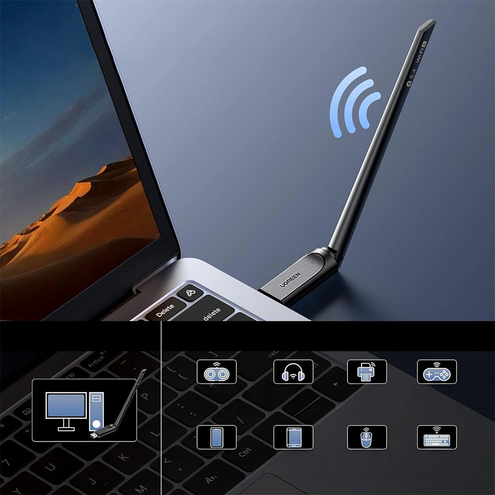 Wireless Adapter für USB-A-Anschluss mit WiFi 6 / Bluetooth 5.4 Antenne, 600 Mbit/s, Ugreen CM845, Schwarz