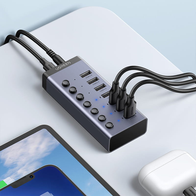 Multifunktionsadapter HUB 7in1 Ugreen CM481 USB-C, 7x USB-A, PD 3.0, Grau