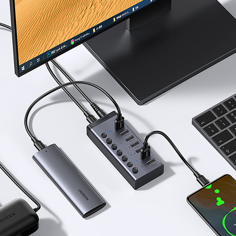 Multifunktionsadapter HUB 7in1 Ugreen CM481 USB-C, 7x USB-A, PD 3.0, Grau