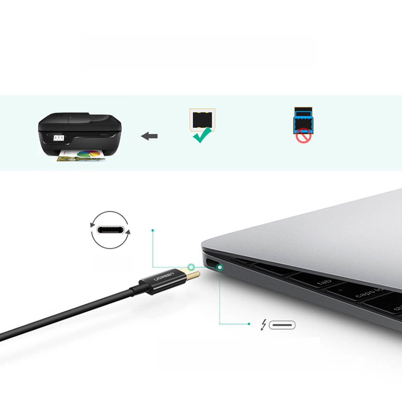 Druckerkabel USB-C (Stecker) auf USB Typ B (Stecker), Ugreen US241, 2 m, Schwarz