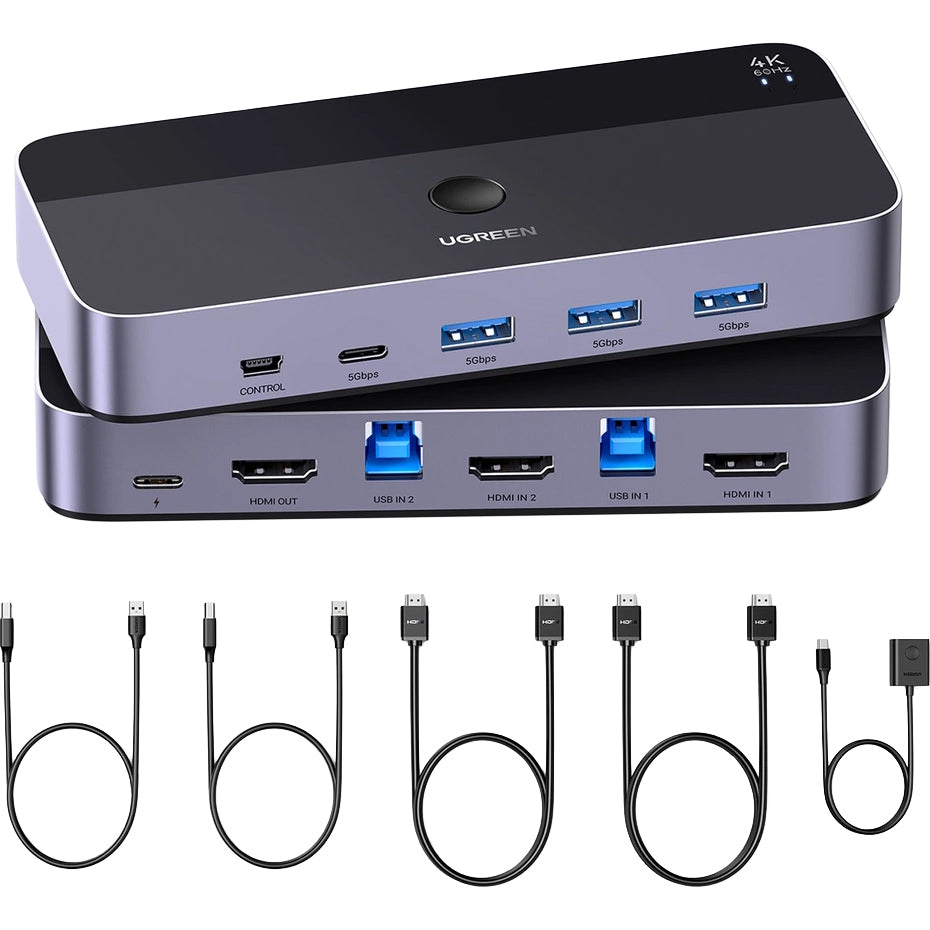 KVM Switch mit Geräteschalter, 3x HDMI 4K 60Hz, 3x USB-A 5Gb/s, 2x USB-C, Ugreen KVM CM664 inkl. HDMI und USB-Kabel, Schwarz-Silber