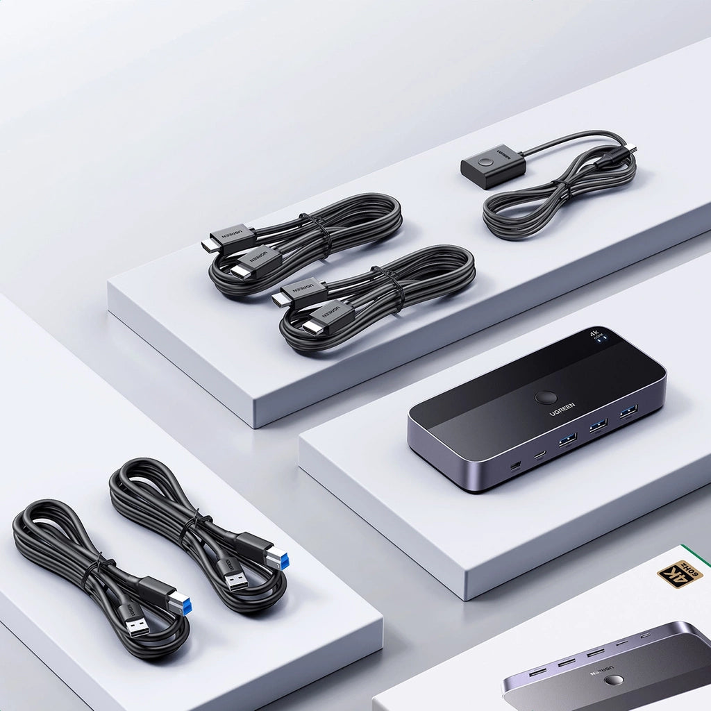 KVM Switch mit Geräteschalter, 3x HDMI 4K 60Hz, 3x USB-A 5Gb/s, 2x USB-C, Ugreen KVM CM664 inkl. HDMI und USB-Kabel, Schwarz-Silber