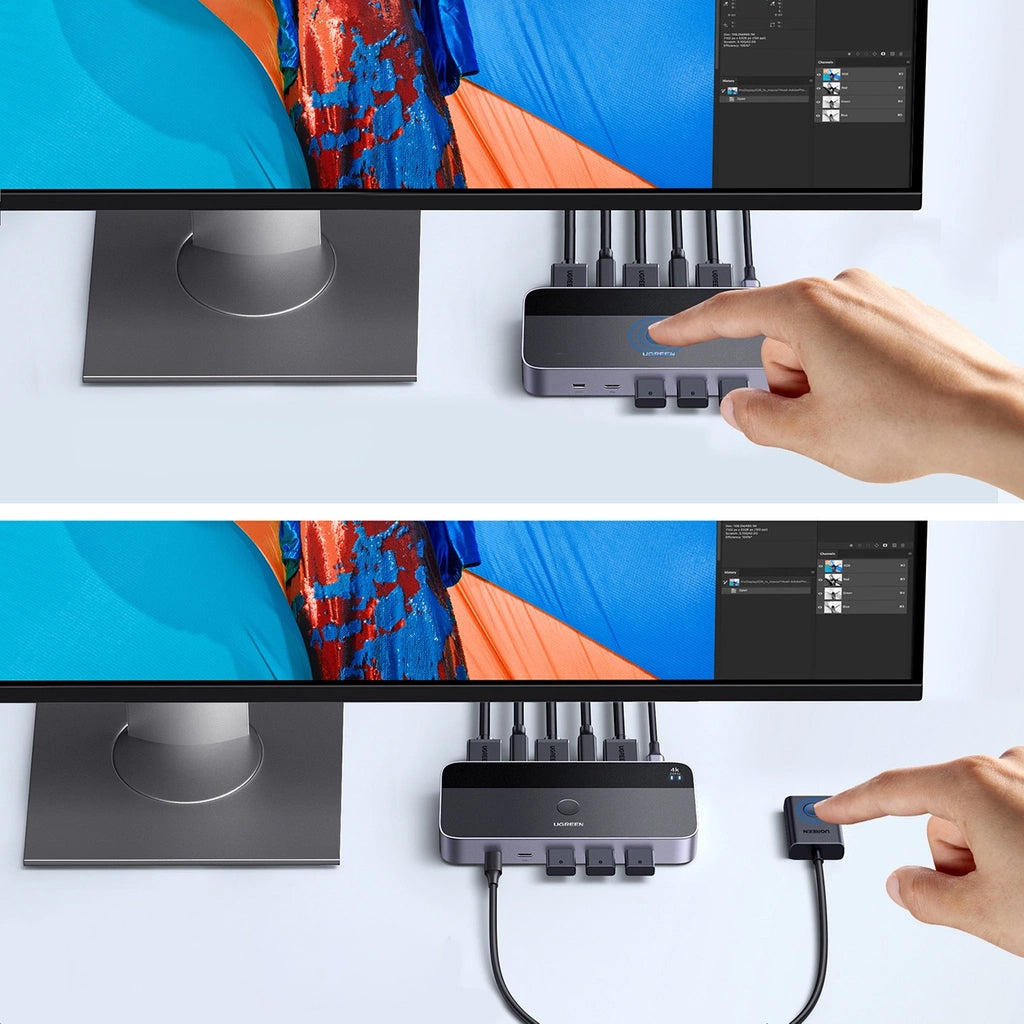 KVM Switch mit Geräteschalter, 3x HDMI 4K 60Hz, 3x USB-A 5Gb/s, 2x USB-C, Ugreen KVM CM664 inkl. HDMI und USB-Kabel, Schwarz-Silber