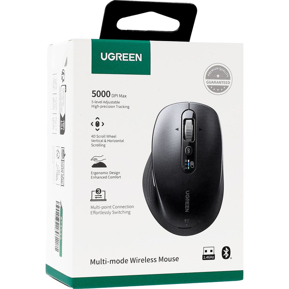 Kabellose ergonomische Maus, Bluetooth, 2.4 GHz USB-A, 5000 DPI, Ugreen M752, Schwarz