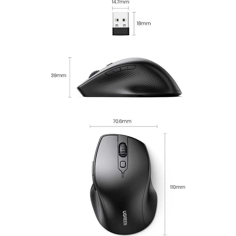 Kabellose ergonomische Maus, Ugreen MU101 Ergonomic Wireless Mouse, USB 2.4GHz, Bluetooth, Schwarz