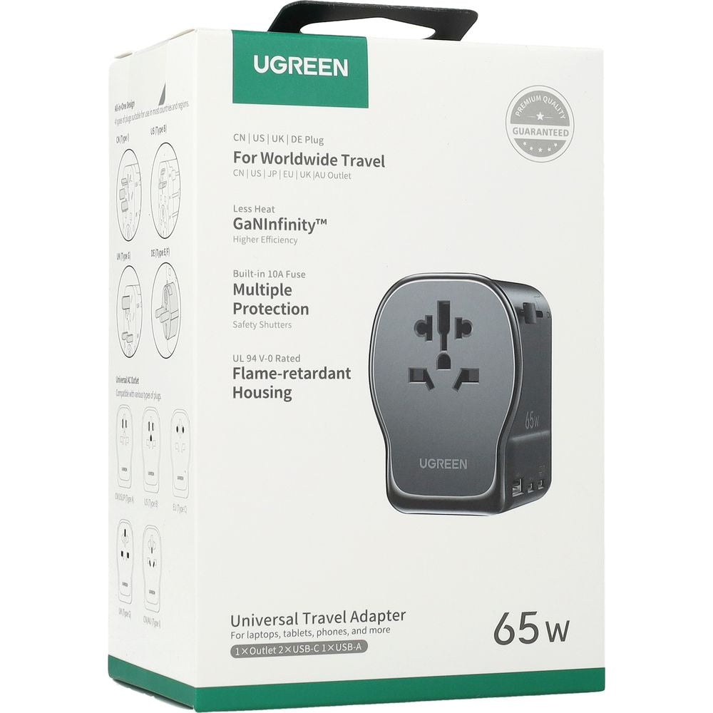 Reiseadapter / Wandladegerät GaN 65W für CN, US, JP, EU, UK, AU, 2x USB-C und 1x USB-A, PD 3.0, QC 4.0, PPS, Ugreen S550, Schwarz