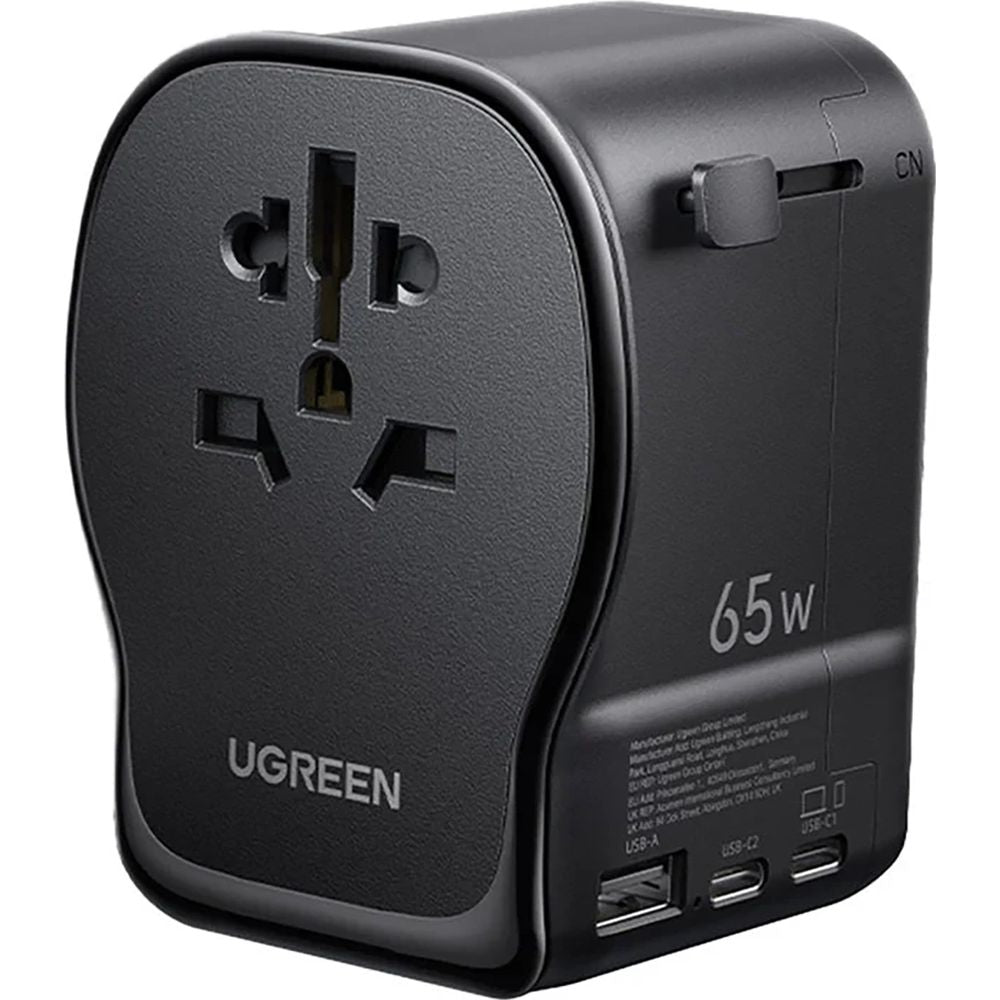 Reiseadapter / Wandladegerät GaN 65W für CN, US, JP, EU, UK, AU, 2x USB-C und 1x USB-A, PD 3.0, QC 4.0, PPS, Ugreen S550, Schwarz
