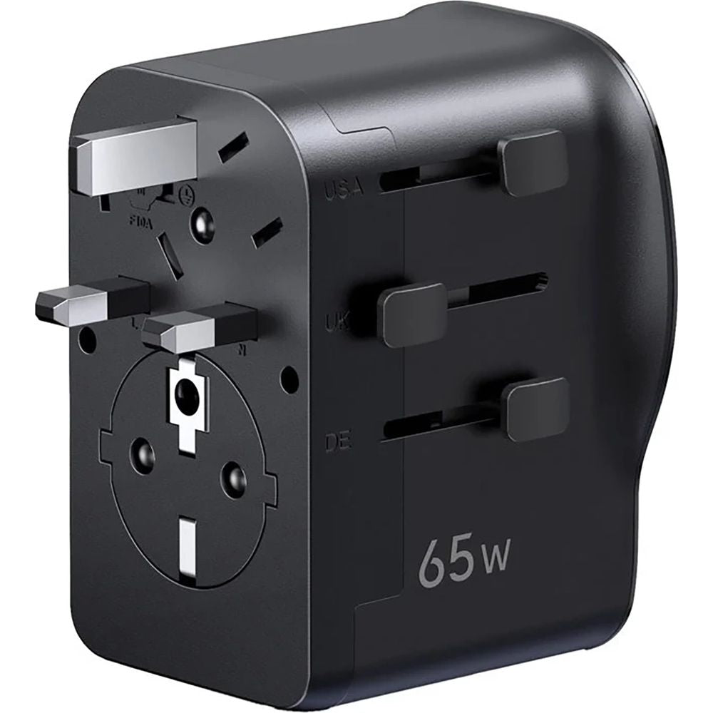Reiseadapter / Wandladegerät GaN 65W für CN, US, JP, EU, UK, AU, 2x USB-C und 1x USB-A, PD 3.0, QC 4.0, PPS, Ugreen S550, Schwarz