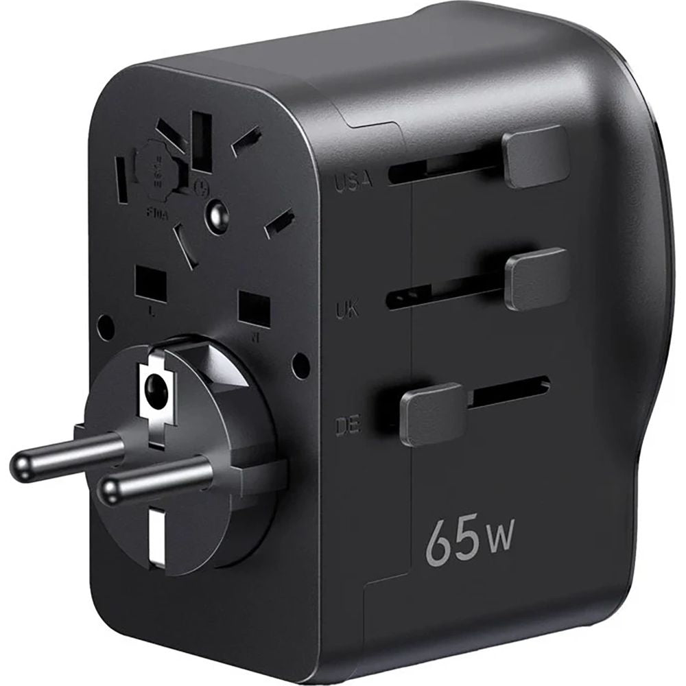 Reiseadapter / Wandladegerät GaN 65W für CN, US, JP, EU, UK, AU, 2x USB-C und 1x USB-A, PD 3.0, QC 4.0, PPS, Ugreen S550, Schwarz