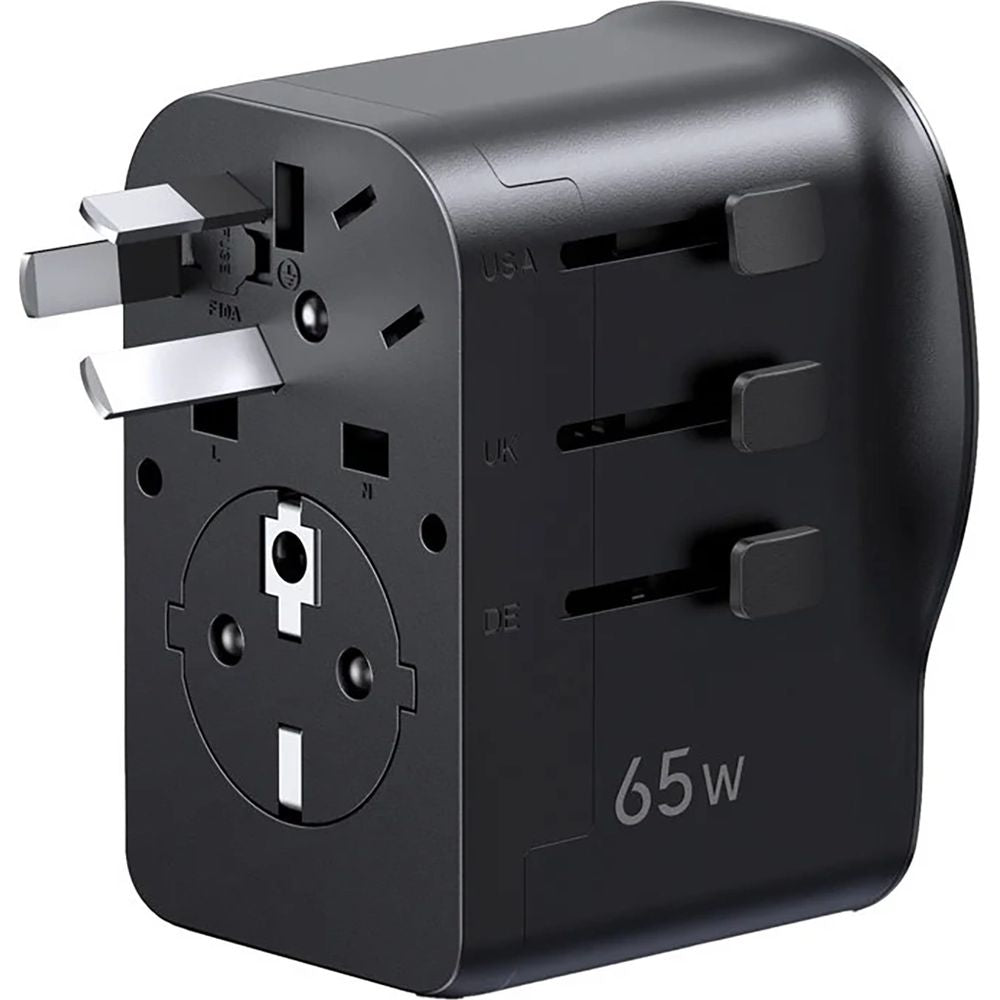 Reiseadapter / Wandladegerät GaN 65W für CN, US, JP, EU, UK, AU, 2x USB-C und 1x USB-A, PD 3.0, QC 4.0, PPS, Ugreen S550, Schwarz