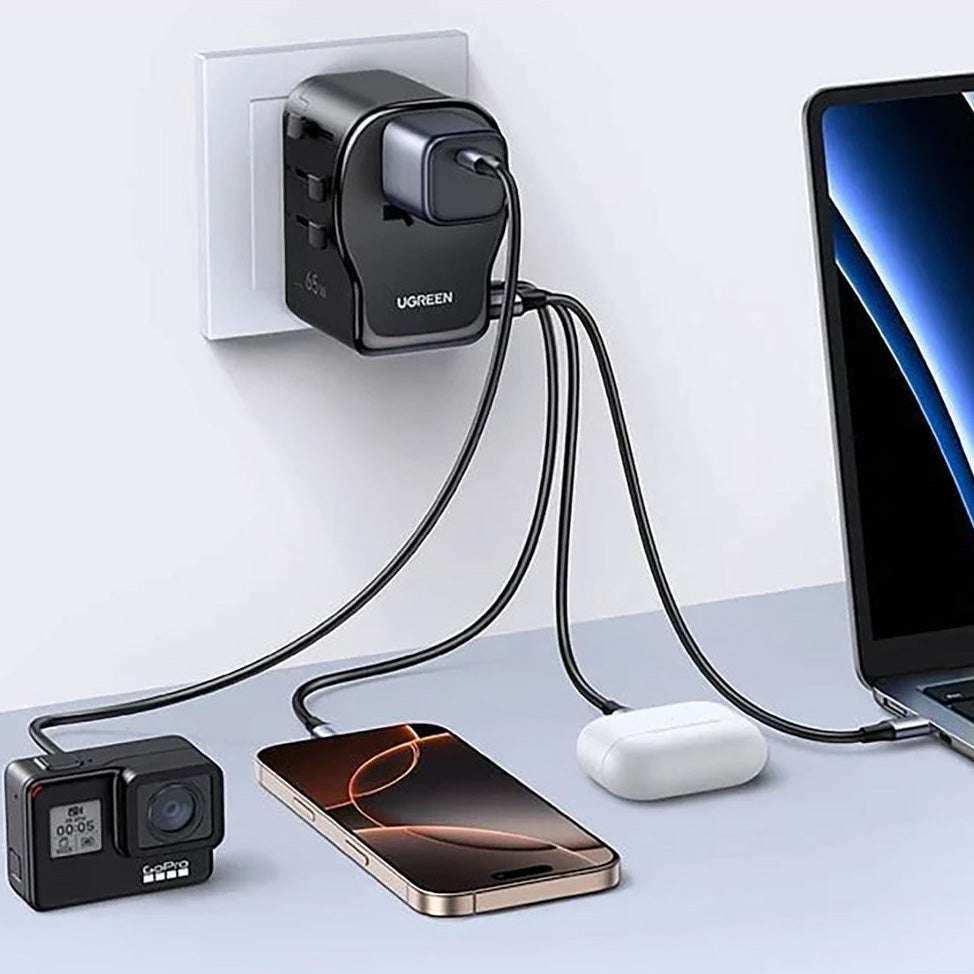 Reiseadapter / Wandladegerät GaN 65W für CN, US, JP, EU, UK, AU, 2x USB-C und 1x USB-A, PD 3.0, QC 4.0, PPS, Ugreen S550, Schwarz