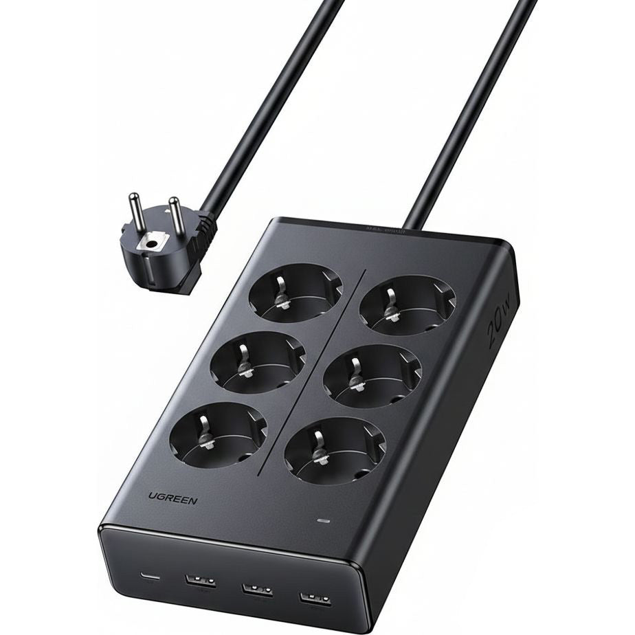 Steckdosenleiste / Verlängerungskabel GaN USB 20W / AC 3680W, 3x USB-A 15W, 1x USB-C PD 20W, 6x AC EU, Ugreen S622, Schwarz