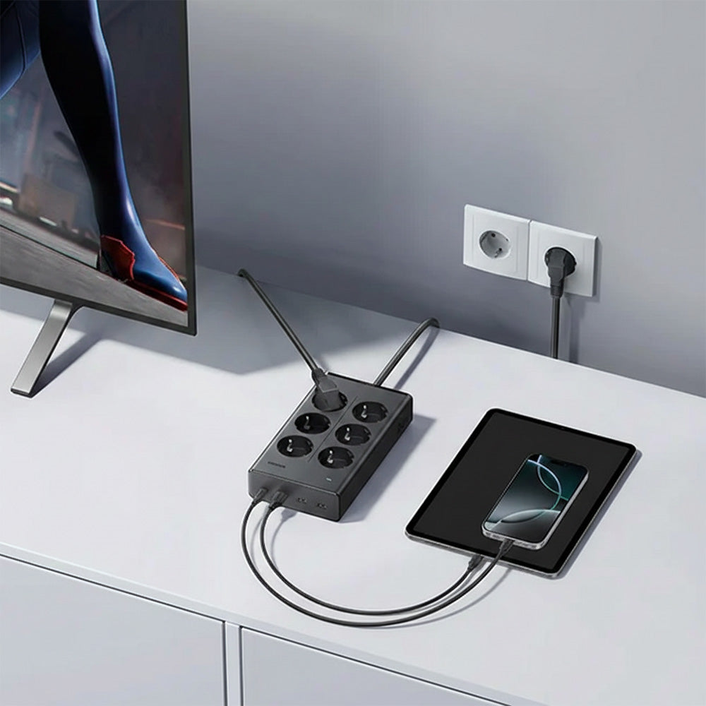 Steckdosenleiste / Verlängerungskabel GaN USB 20W / AC 3680W, 3x USB-A 15W, 1x USB-C PD 20W, 6x AC EU, Ugreen S622, Schwarz