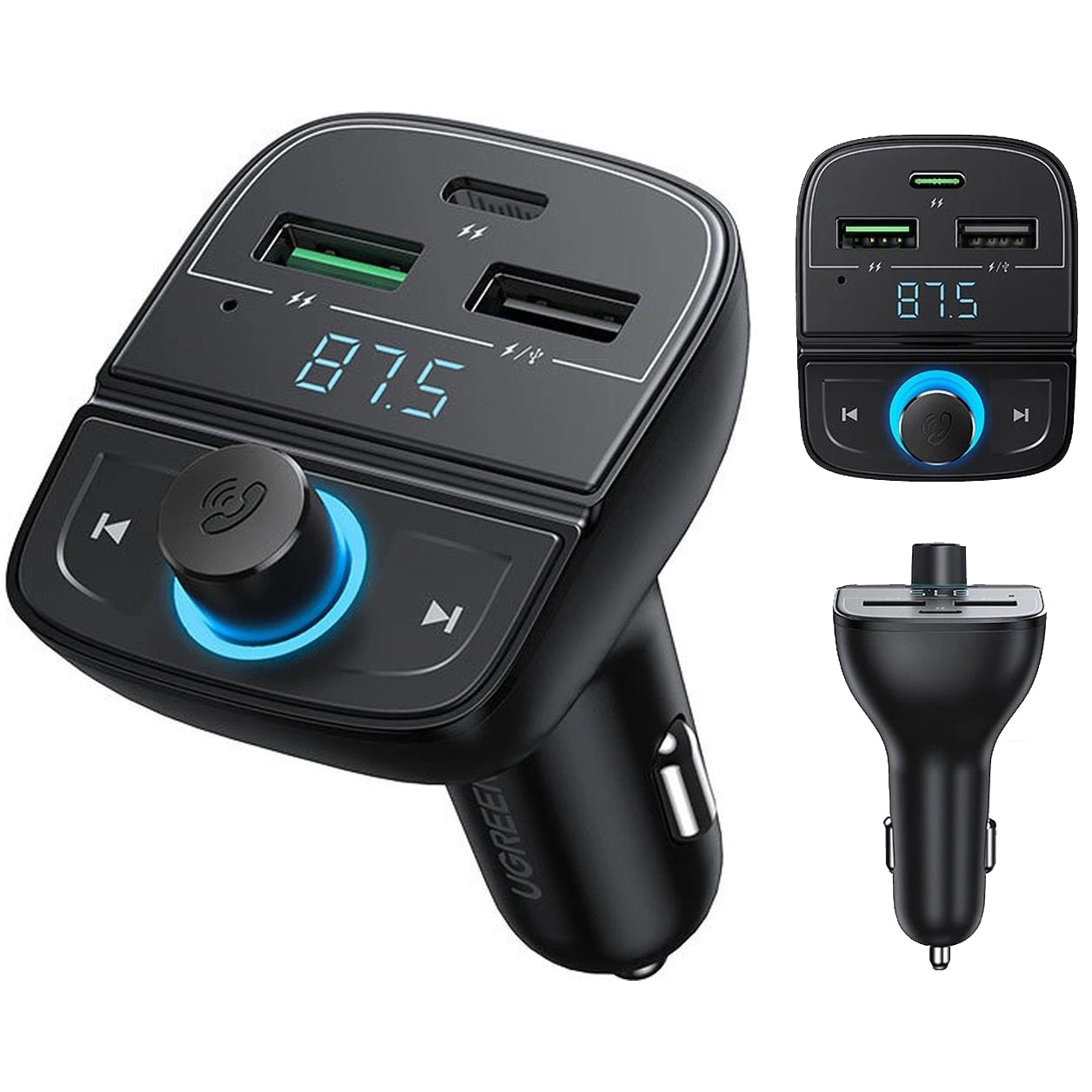 FM-Transmitter / Autoladegerät Ugreen CD229 31,5 W, 2x USB-A / 1x USB-C, Schwarz