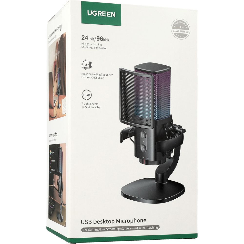 Mikrofon kabelgebunden, Schreibtisch, RGB, mit Popfilter, Schutzkorb und USB-A/USB-C-Kabel 1,5 m, Ugreen CM581, Schwarz