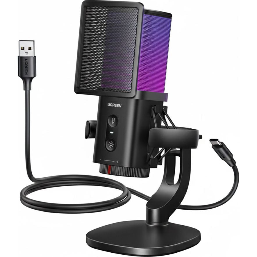 Mikrofon kabelgebunden, Schreibtisch, RGB, mit Popfilter, Schutzkorb und USB-A/USB-C-Kabel 1,5 m, Ugreen CM581, Schwarz