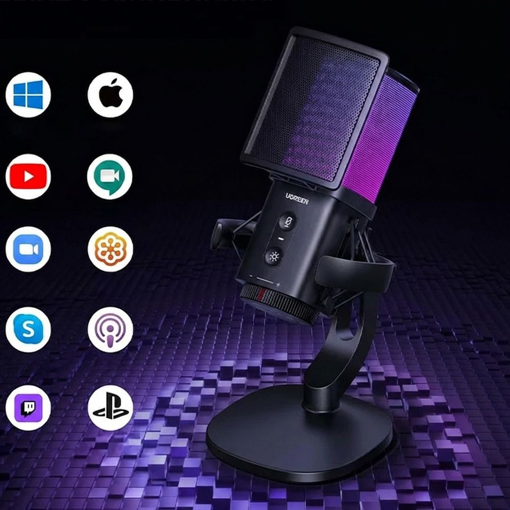 Mikrofon kabelgebunden, Schreibtisch, RGB, mit Popfilter, Schutzkorb und USB-A/USB-C-Kabel 1,5 m, Ugreen CM581, Schwarz