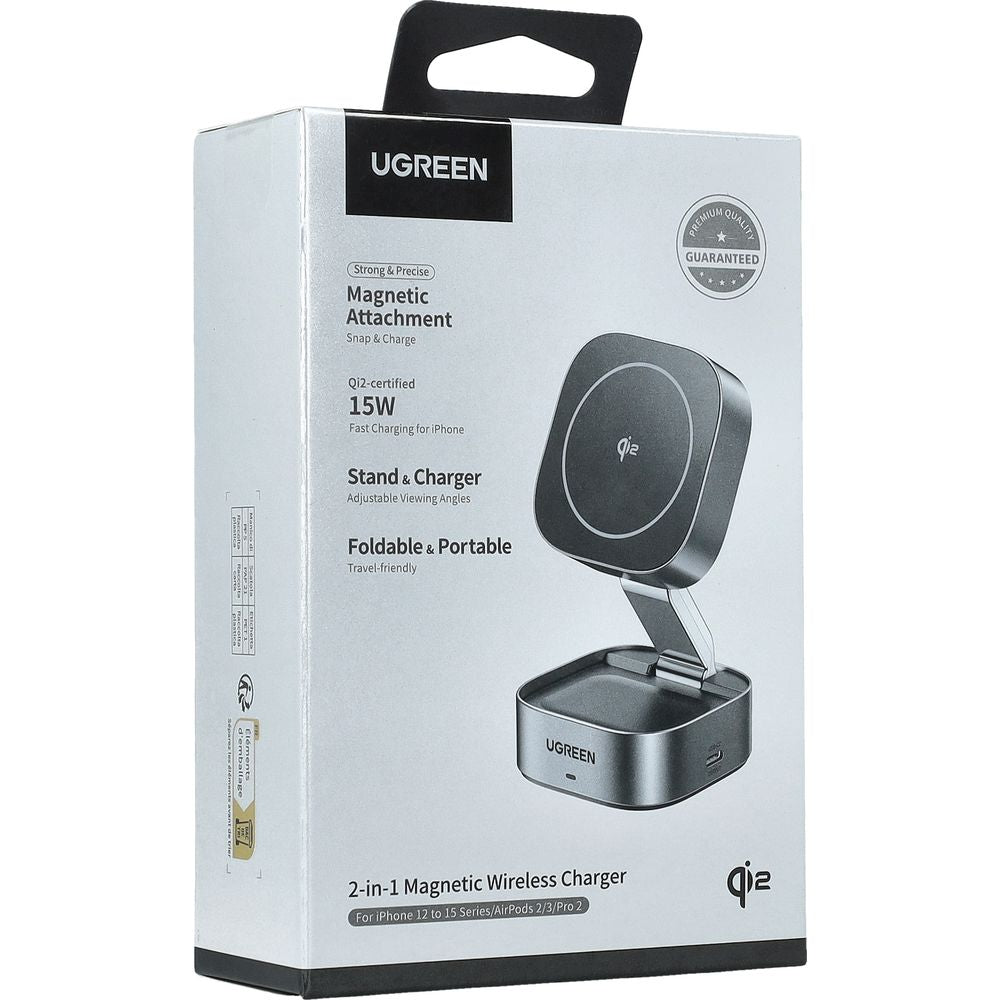 Faltbares induktives Ladegerät, Reise 2-in-1 15W mit MagSafe, Qi2, USB-C, Ugreen W702, Grau