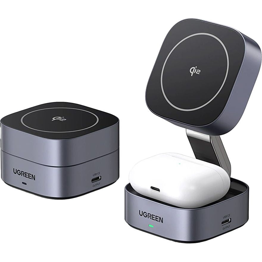 Faltbares induktives Ladegerät, Reise 2-in-1 15W mit MagSafe, Qi2, USB-C, Ugreen W702, Grau
