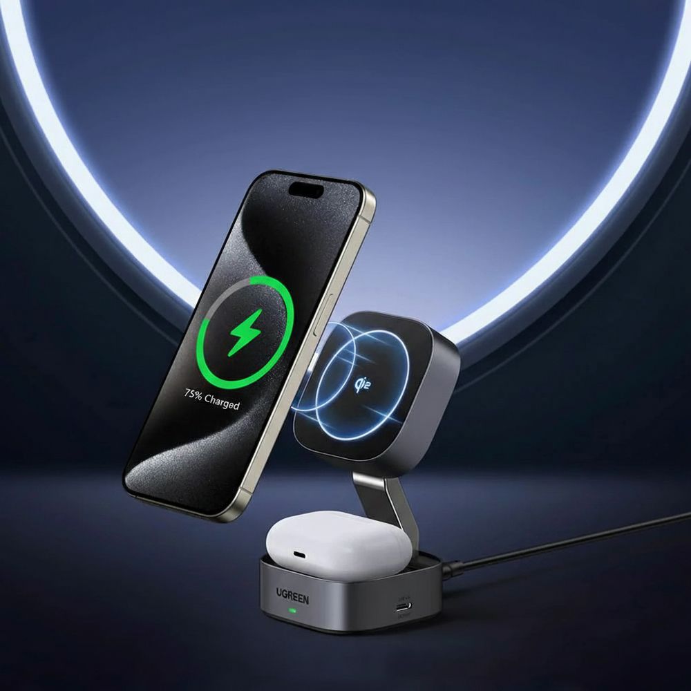 Faltbares induktives Ladegerät, Reise 2-in-1 15W mit MagSafe, Qi2, USB-C, Ugreen W702, Grau