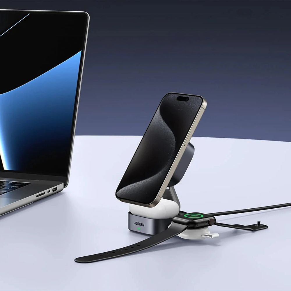 Faltbares induktives Ladegerät, Reise 2-in-1 15W mit MagSafe, Qi2, USB-C, Ugreen W702, Grau