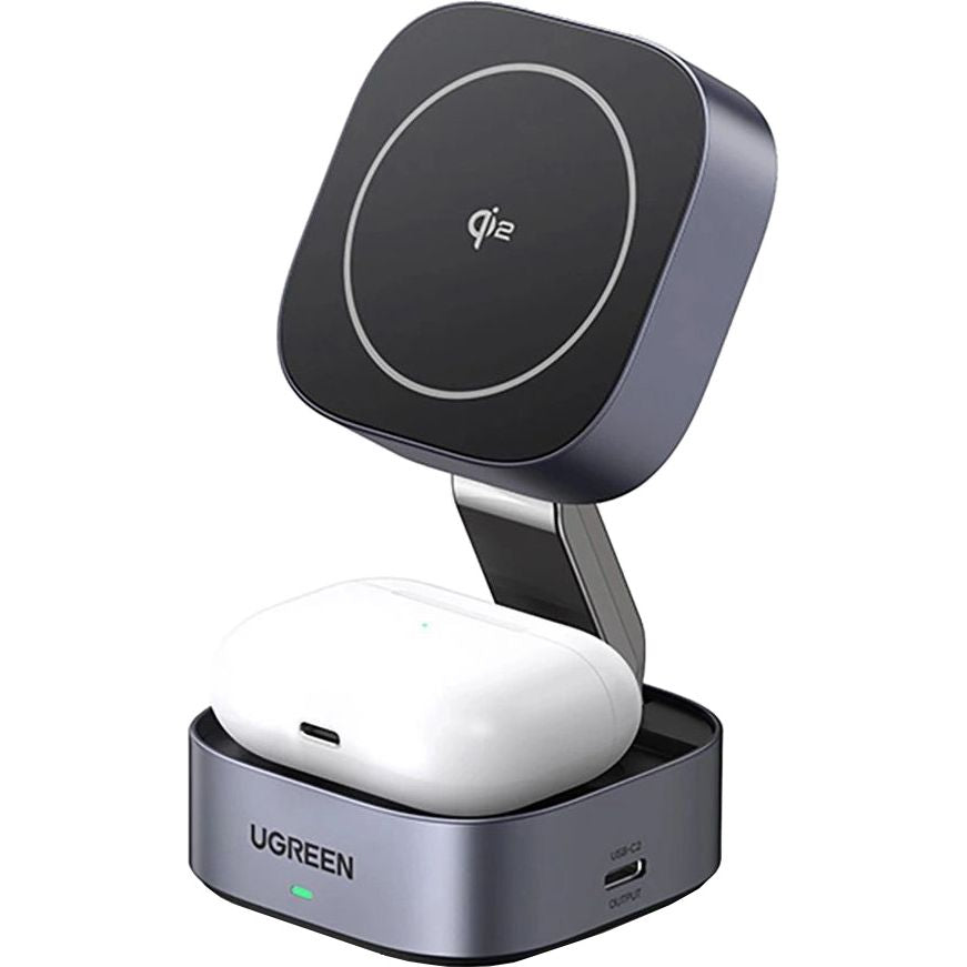Faltbares induktives Ladegerät, Reise 2-in-1 15W mit MagSafe, Qi2, USB-C, Ugreen W702, Grau