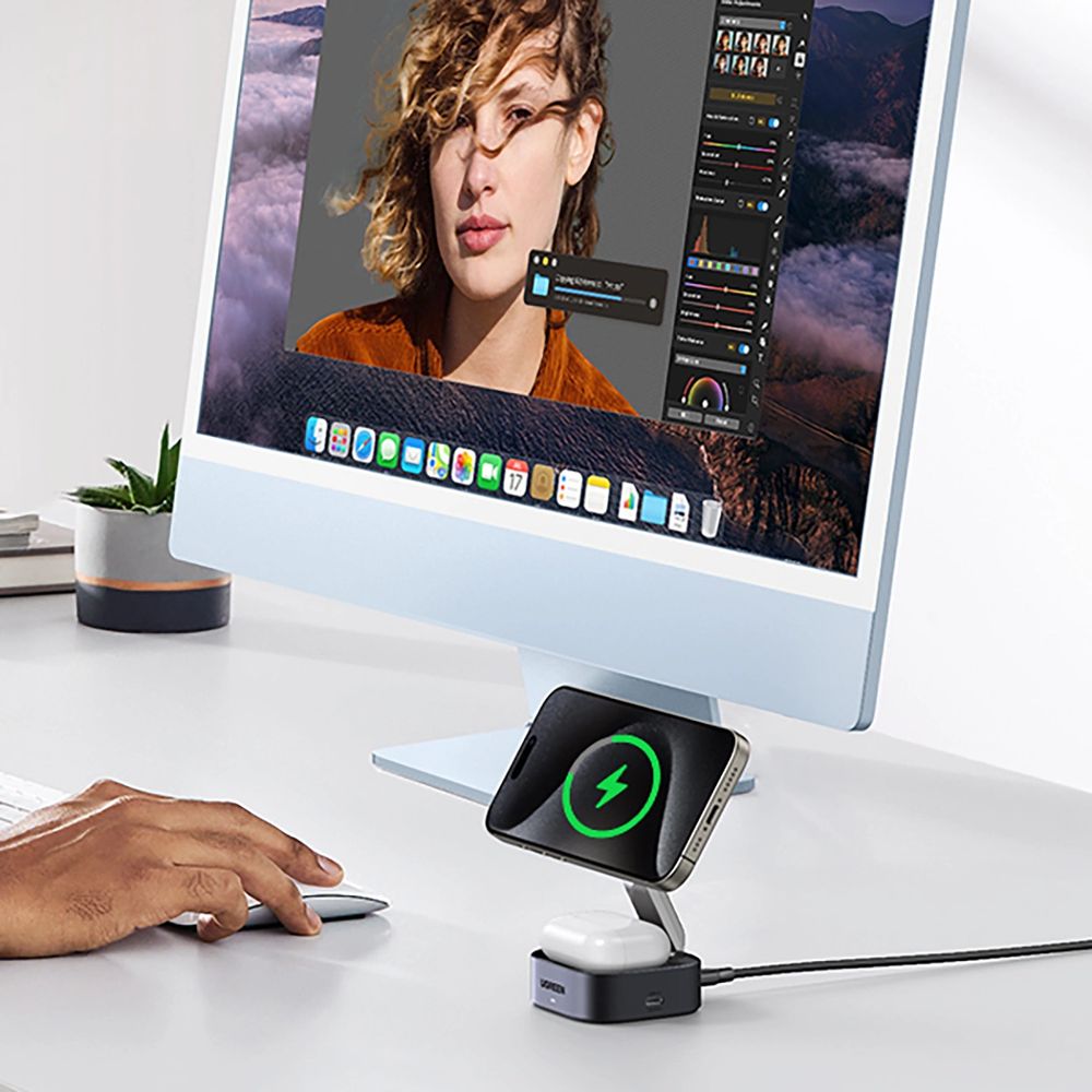 Faltbares induktives Ladegerät, Reise 2-in-1 15W mit MagSafe, Qi2, USB-C, Ugreen W702, Grau