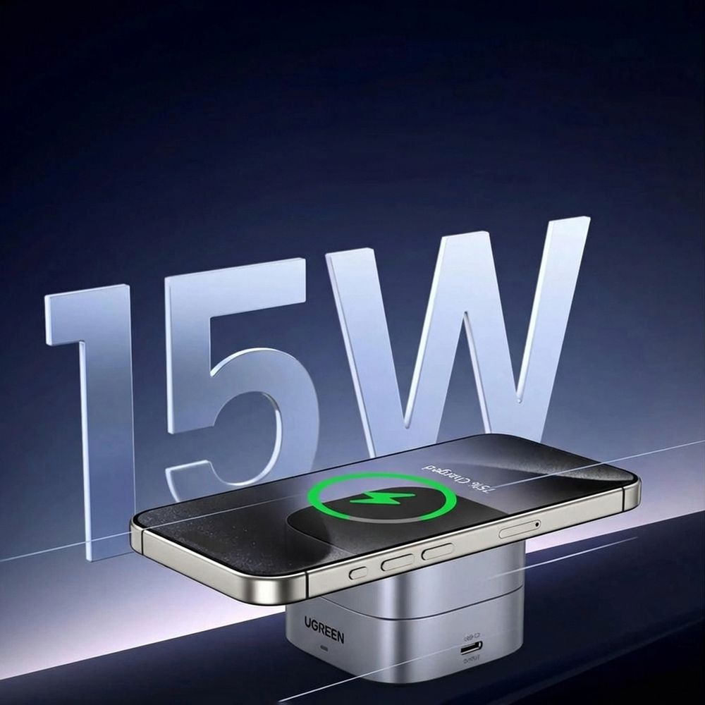 Faltbares induktives Ladegerät, Reise 2-in-1 15W mit MagSafe, Qi2, USB-C, Ugreen W702, Grau