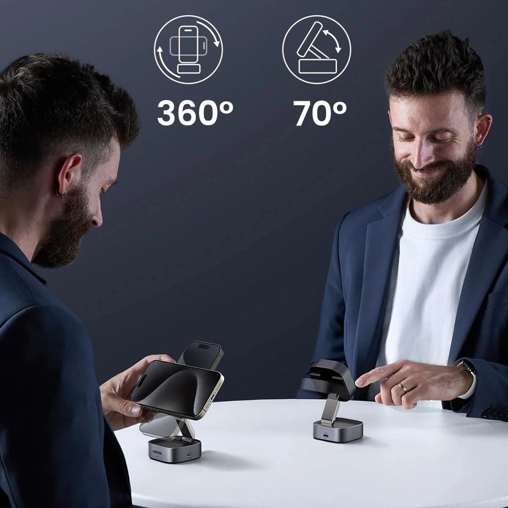 Faltbares induktives Ladegerät, Reise 2-in-1 15W mit MagSafe, Qi2, USB-C, Ugreen W702, Grau