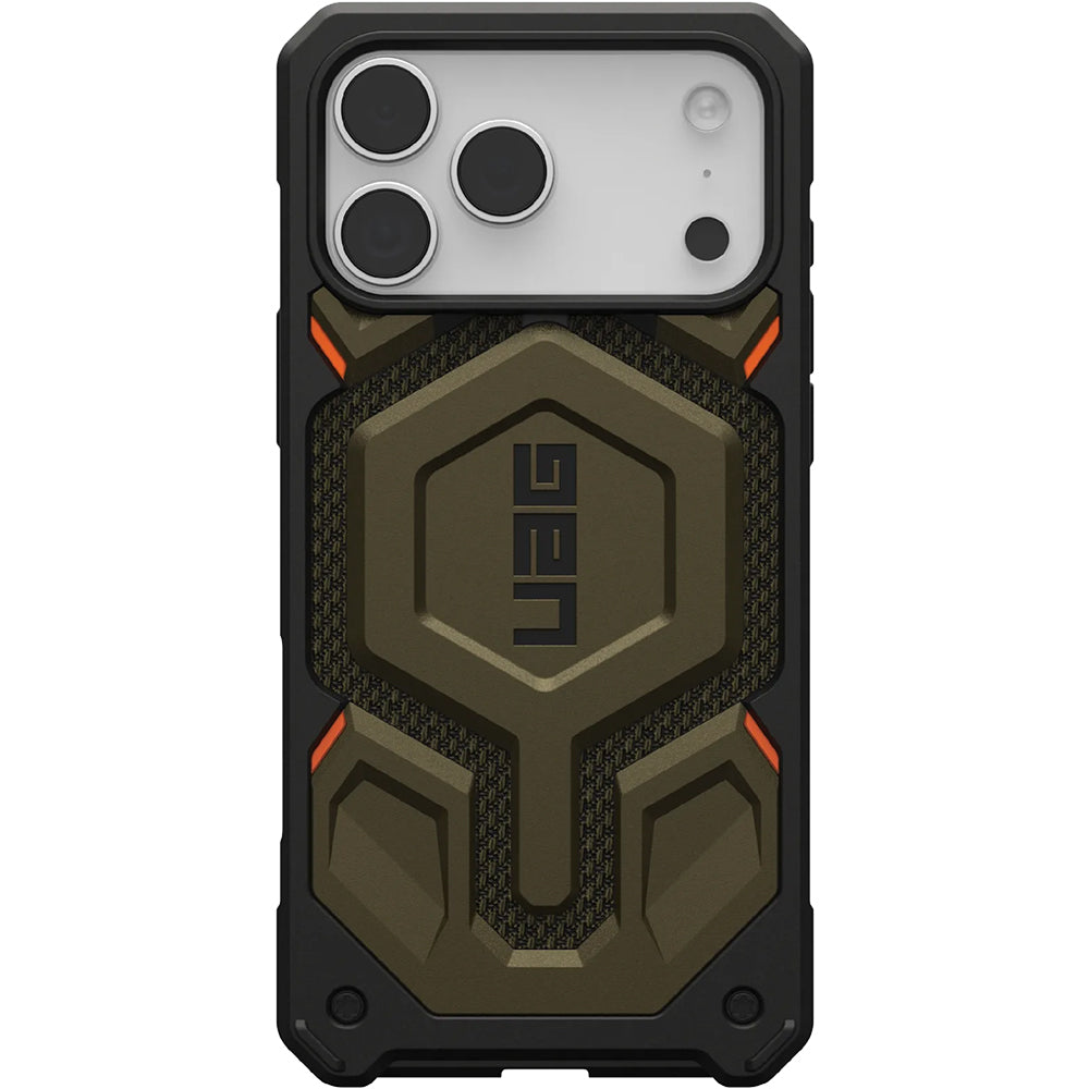 Handyhülle für iPhone 17 Pro Max, Urban Armor Gear Monarch Pro Mag mit MagSafe, Olivgrün/Schwarz mit Kevlar