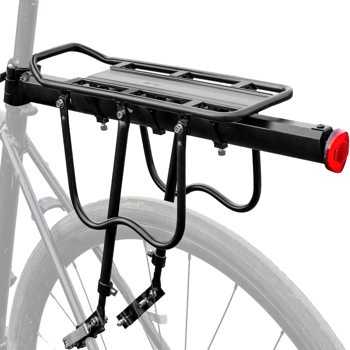 Vayox VA0352 black aluminum bike rack mounted on seat post, ideal for long tours, supports up to 50 kg, size 53 × 14.2 cm.