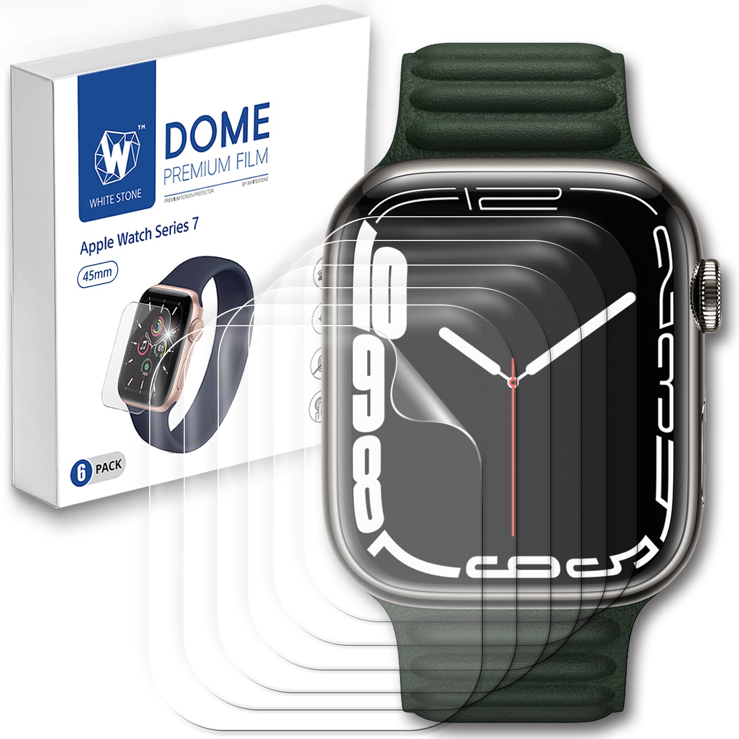 Displayschutzfolie für Apple Watch 9 / 8 / 7 (45 mm), Whitestone Dome Premium TPU Film, 6 Stück