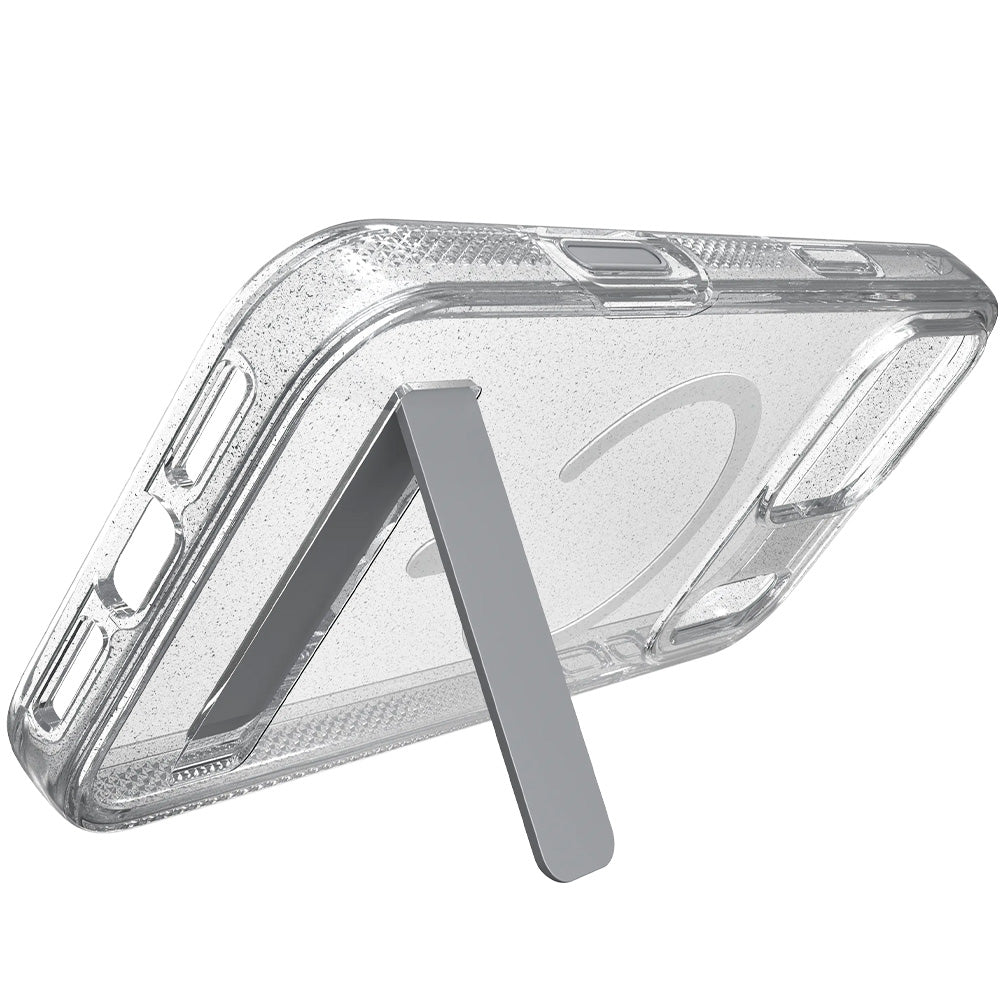 Handyhülle für iPhone 18 Pro / 17 Pro, ZAGG Milan Snap Kickstand mit MagSafe, Transparent-Silver mit Glitzer (2/7)