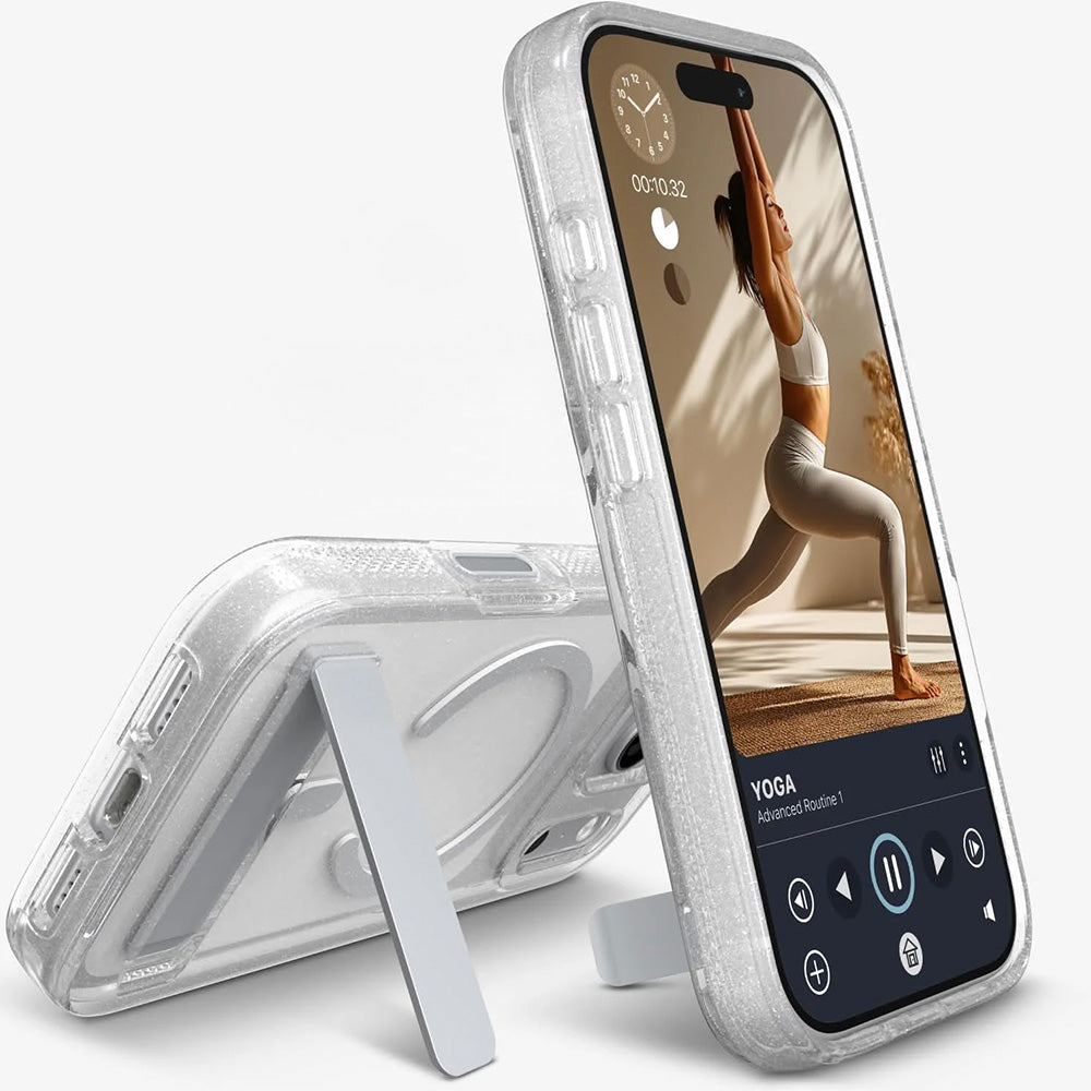 Handyhülle für iPhone 18 Pro / 17 Pro, ZAGG Milan Snap Kickstand mit MagSafe, Transparent-Silver mit Glitzer (6/7)