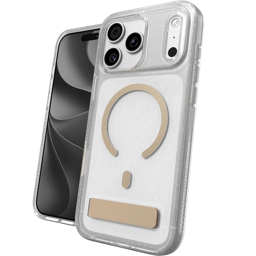 Handyhülle für iPhone 18 Pro Max / 17 Pro Max, ZAGG Milan Snap Kickstand mit MagSafe, Transparent-Gold mit Glitzer (1/6)