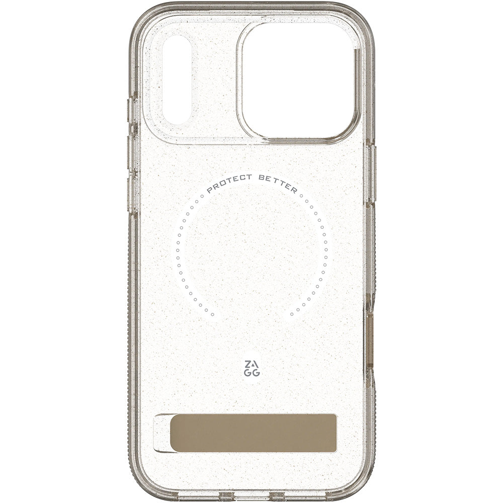 Handyhülle für iPhone 18 Pro Max / 17 Pro Max, ZAGG Milan Snap Kickstand mit MagSafe, Transparent-Gold mit Glitzer (4/6)