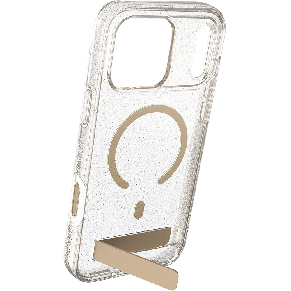 Handyhülle für iPhone 18 Pro Max / 17 Pro Max, ZAGG Milan Snap Kickstand mit MagSafe, Transparent-Gold mit Glitzer (5/6)