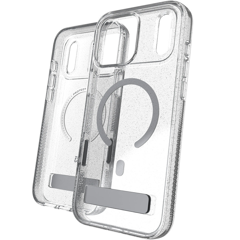Handyhülle für iPhone 18 Pro Max / 17 Pro Max, ZAGG Milan Snap Kickstand mit MagSafe, Transparent-Silver mit Glitzer (1/7)