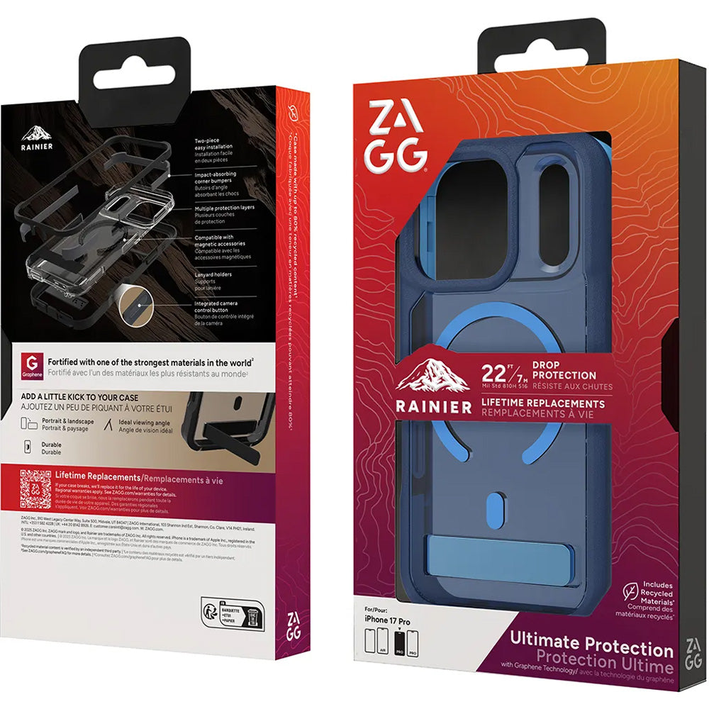 Handyhülle mit Ständer für iPhone 17 Pro, Zagg Rainier Snap Kickstand mit MagSafe, Transparent-Dunkelblau