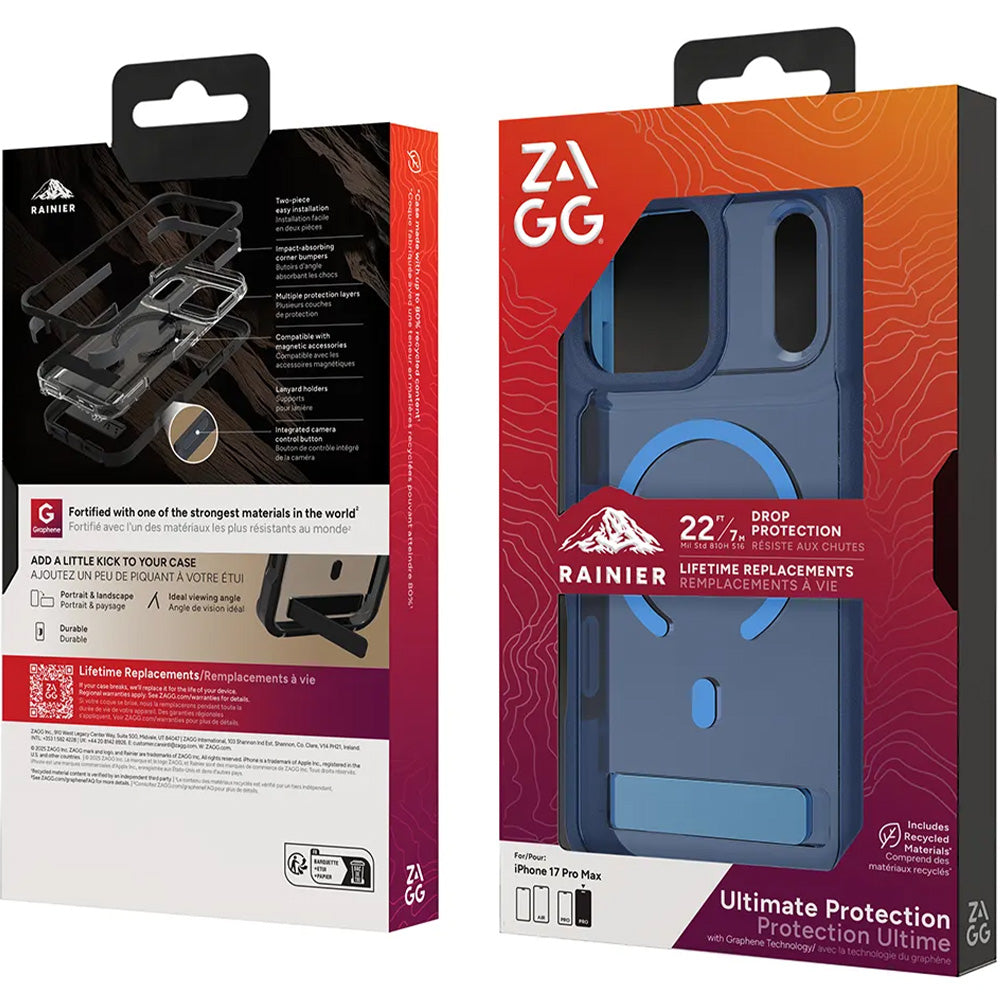 Handyhülle mit Ständer für iPhone 17 Pro Max, Zagg Rainier Snap Kickstand mit MagSafe, Blau