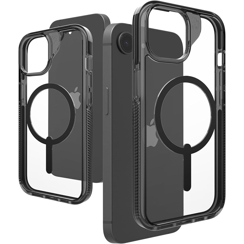 Handyhülle für iPhone 17e / 16e / 15 / 14 / 13, Zagg Santa Cruz Snap mit MagSafe, Transparent-Schwarz