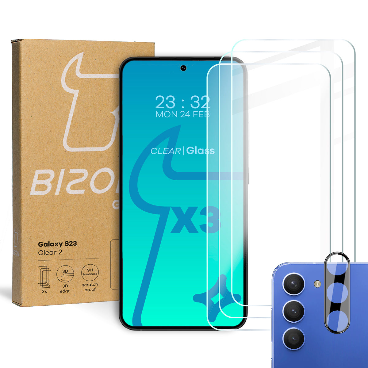 Gehärtetes Glas - 3 Stück + Kameraschutz, Galaxy S23, Bizon Glass Clear Pack