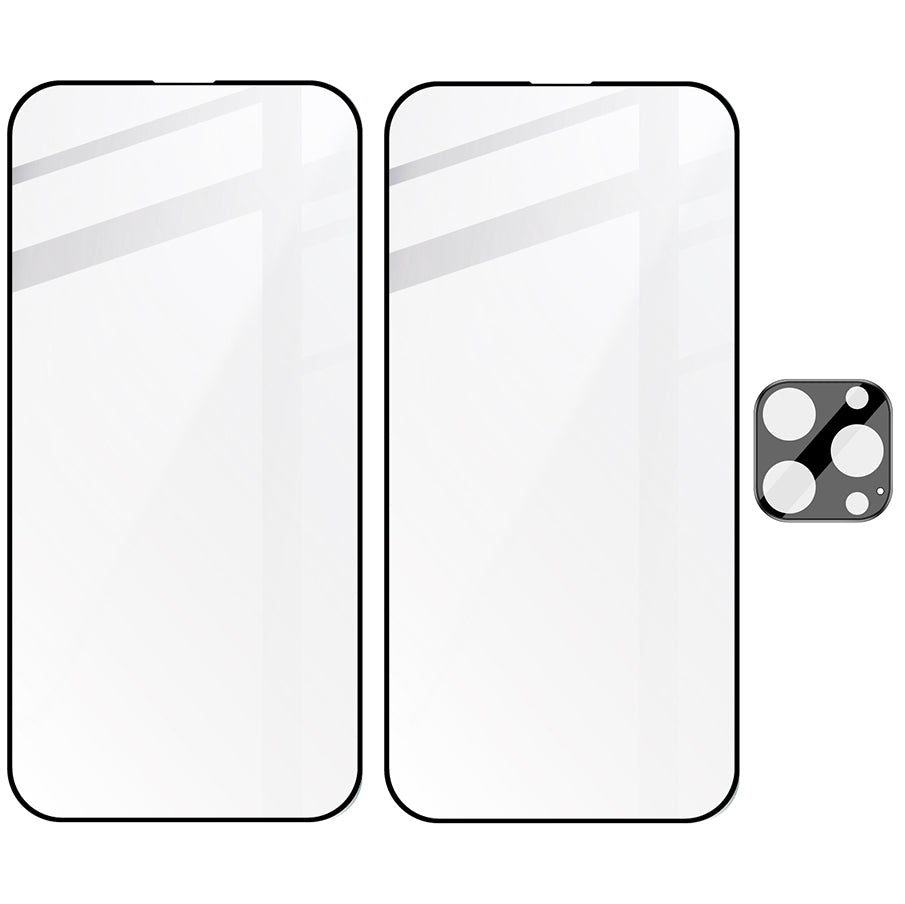 Gehärtetes Glas 2 - 2 Stück + Kameraschutz, iPhone 14 Pro, Bizon Glass Edge Pack, Schwarz