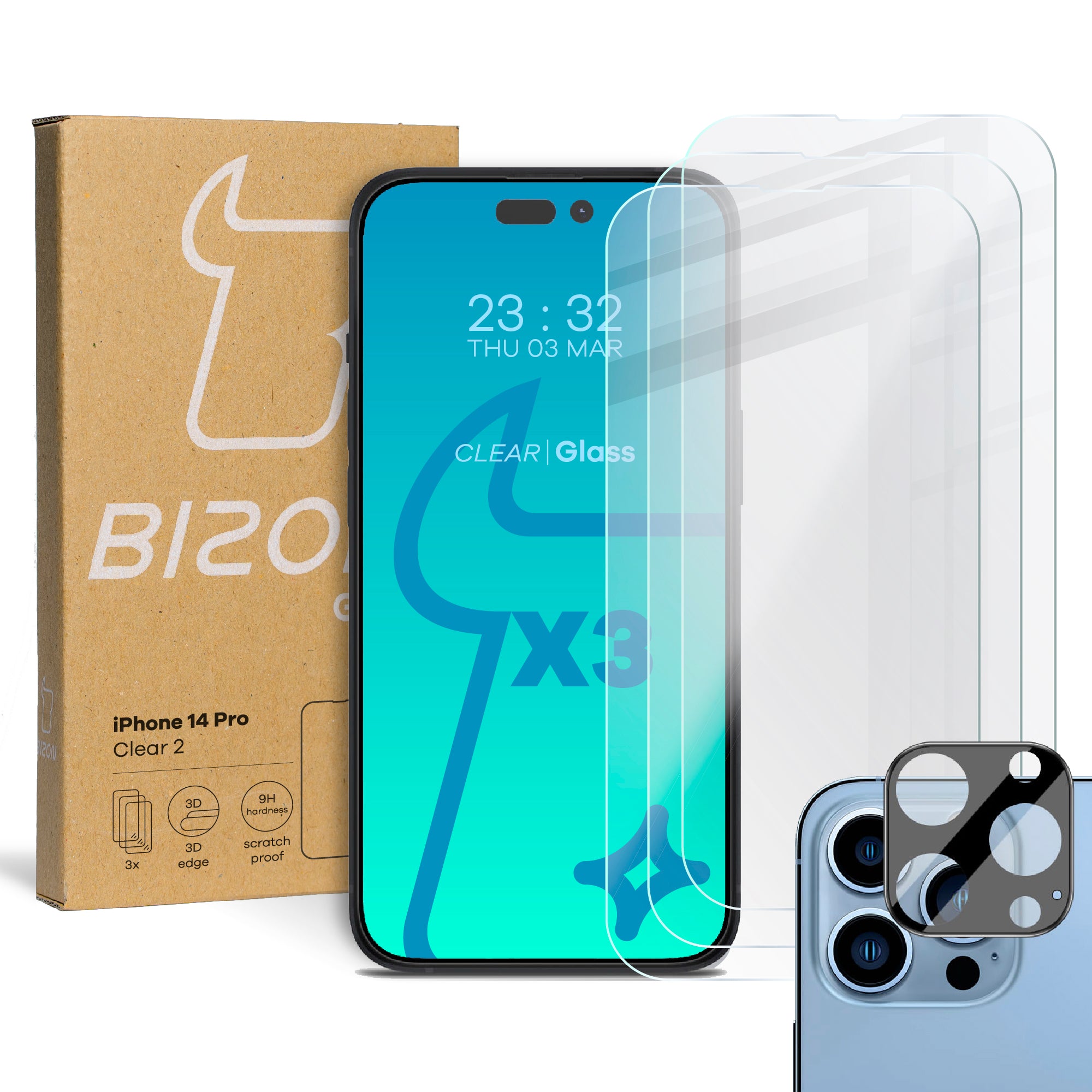 Gehärtetes Glas - 3 Stück + Kameraschutz, iPhone 14 Pro, Bizon Glass Clear Pack