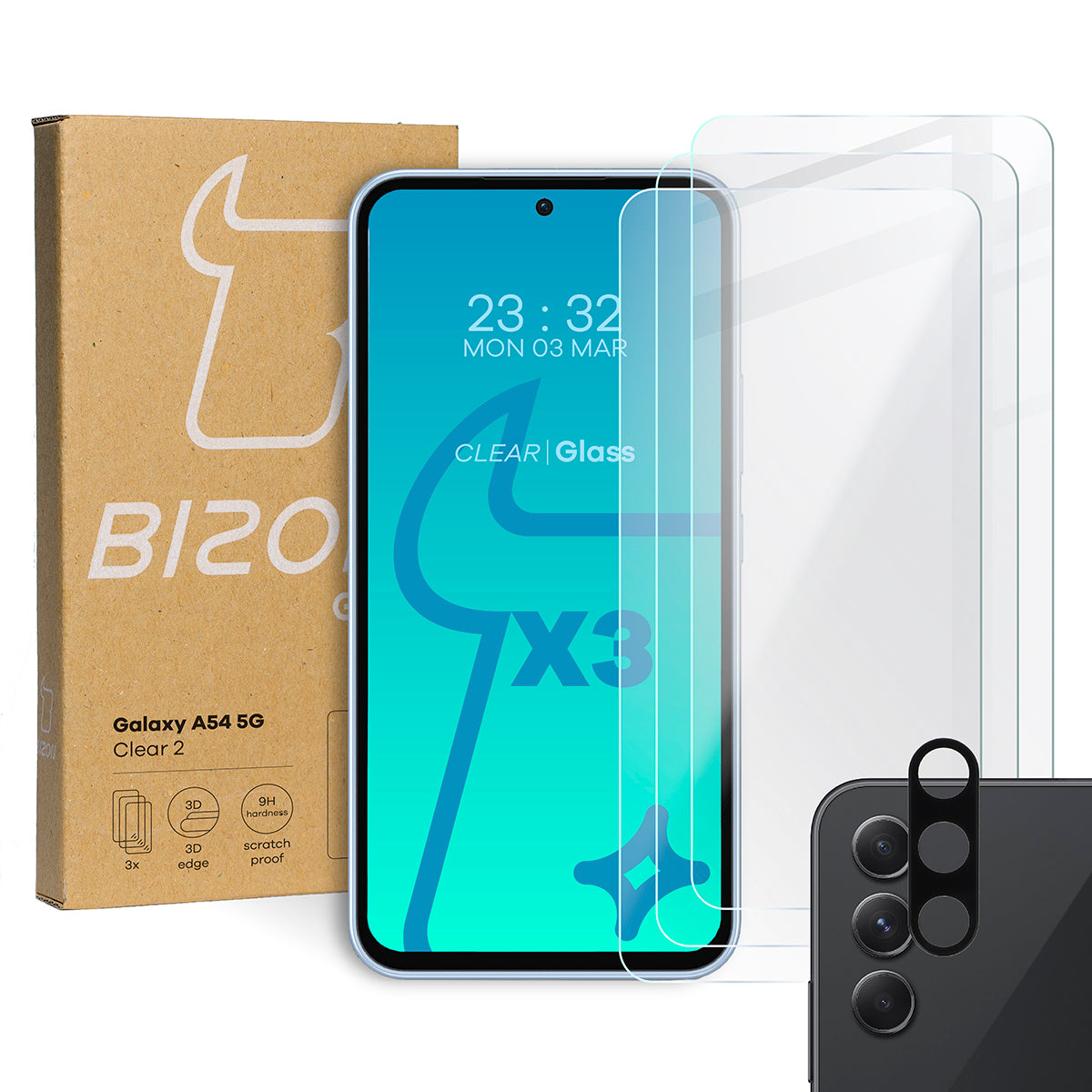 Gehärtetes Glas - 3 Stück + Kameraschutz für Galaxy A54 5G, Bizon Glass Clear Pack